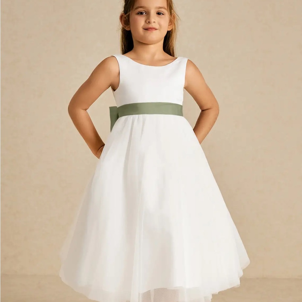Azazie White and Green Flower Girl dress